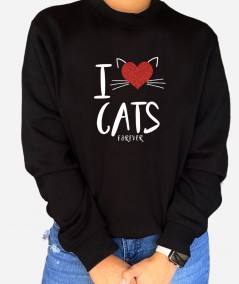 Polerón con frase I love Cats forever y corazón en glitter